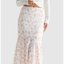 White Pink-Floral Ruffle Midi Skirt