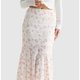 White Pink-Floral Ruffle Midi Skirt