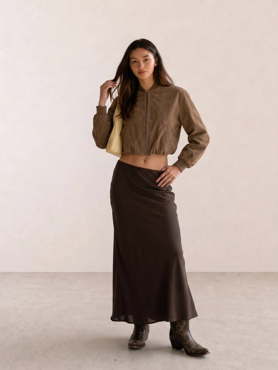 Autumn western outfit with a brown suede bomber jacket, brown maxi skirt, yellow shoulder bag, and western ankle boots