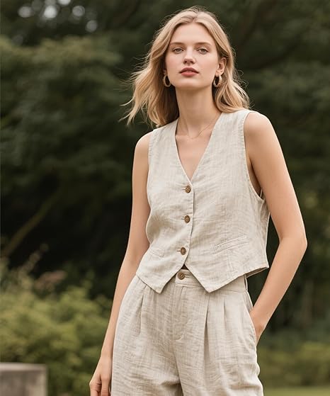 Cream Linen Button Vest