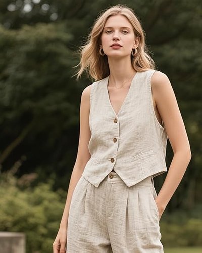 Cream Linen Button Vest