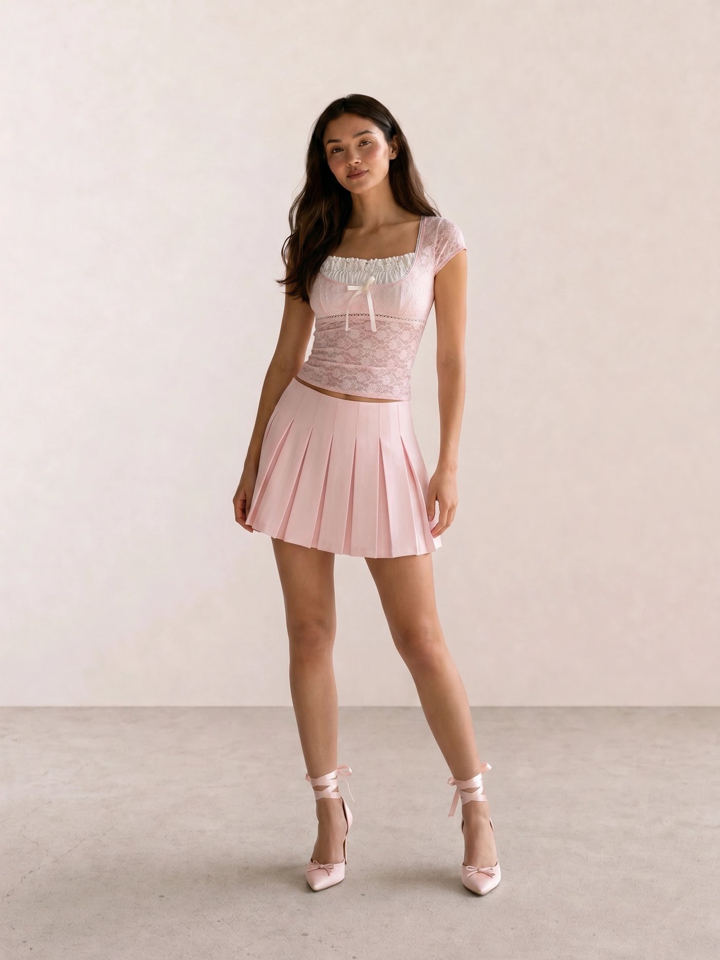 Pink Lace Bow Crop & Pleated Mini