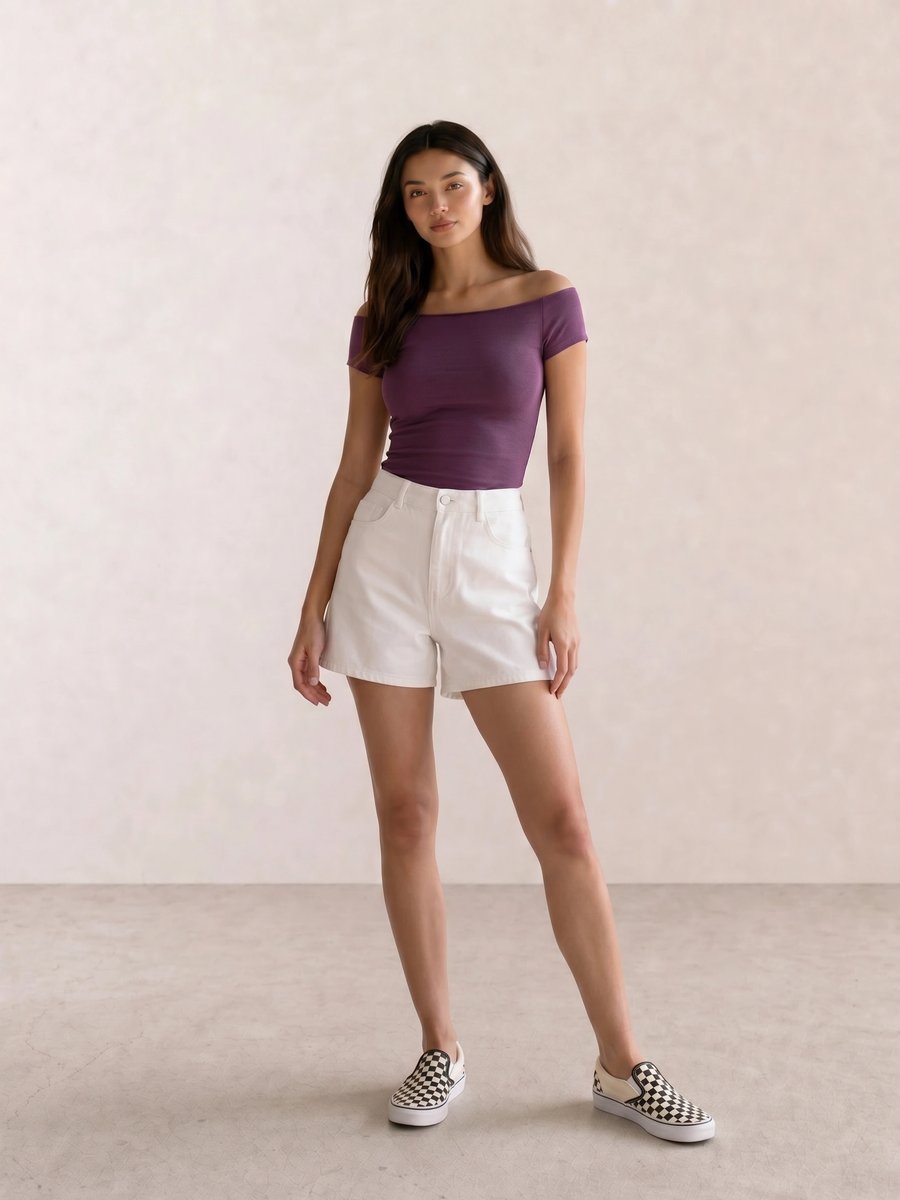 Basic casual outfit with a plum off-shoulder top, white denim shorts, and checkerboard Vans slip-ons