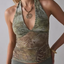 Olive Marble Print Mesh Halter Crop Top