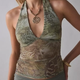 Olive Marble Print Mesh Halter Crop Top