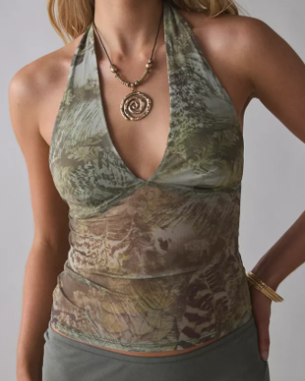 Olive Marble Print Mesh Halter Crop Top