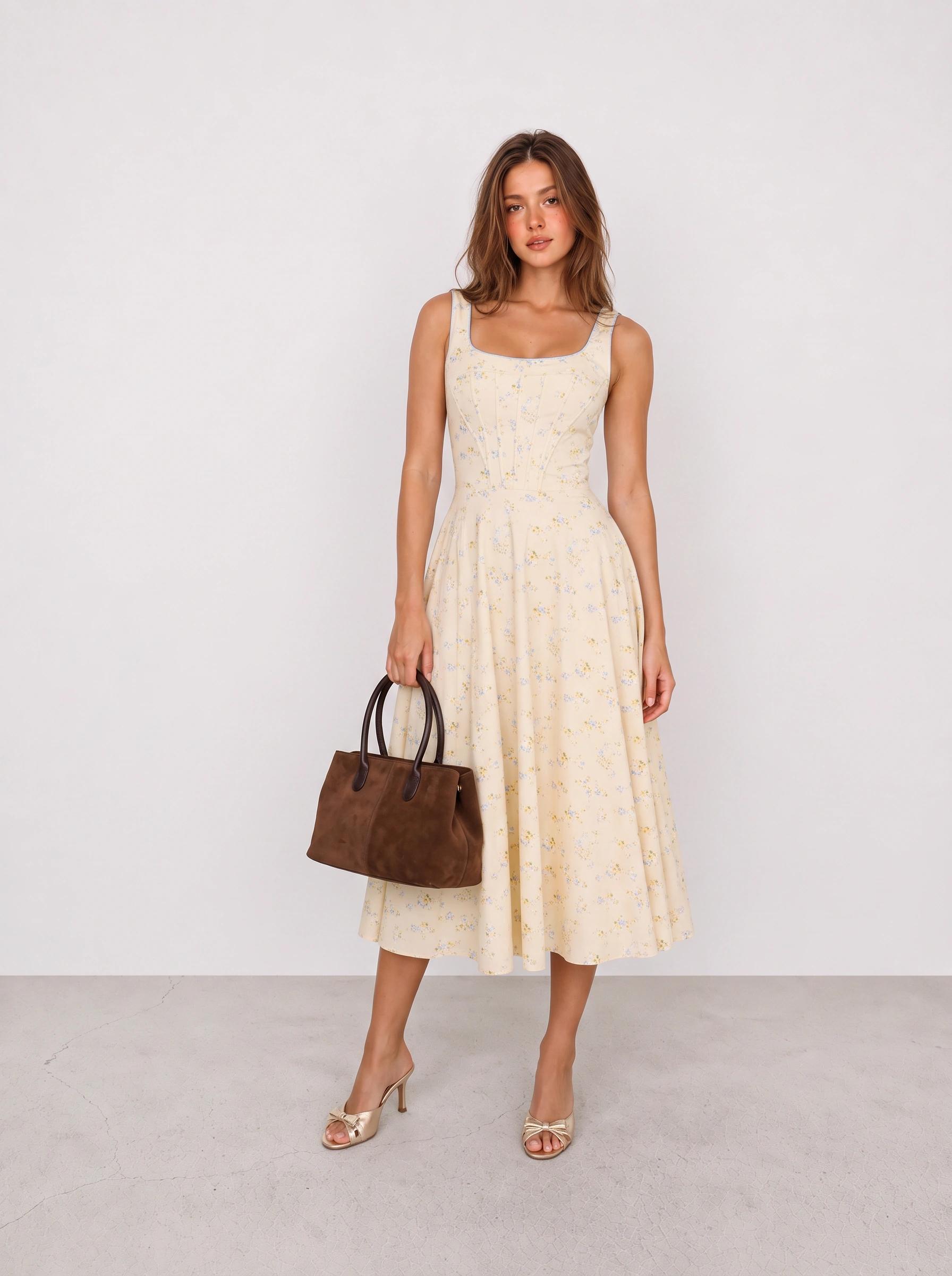 Yellow Floral Midi Dress and Gold Mules Outfit