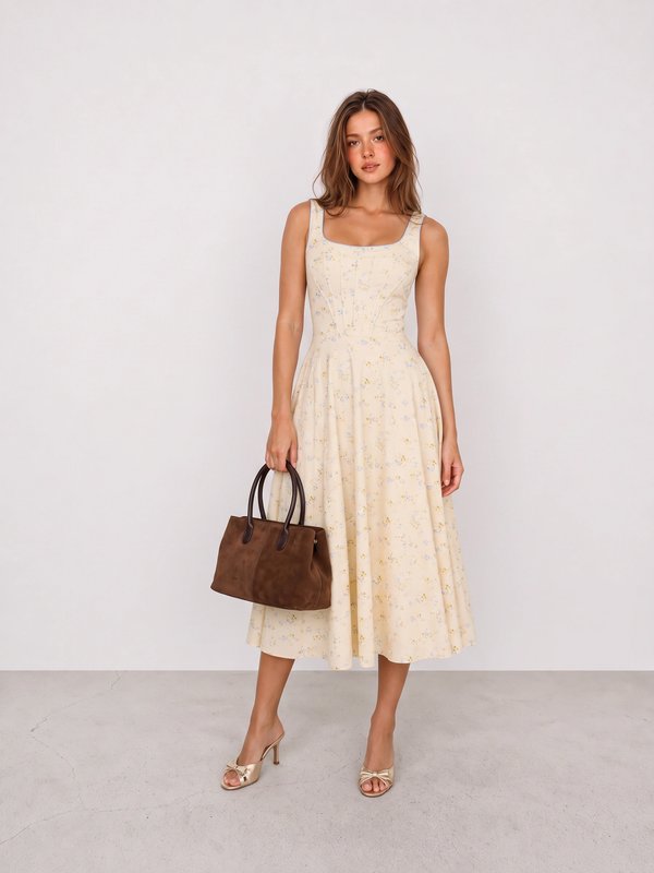 Yellow Floral Midi Dress and Gold Mules Outfit