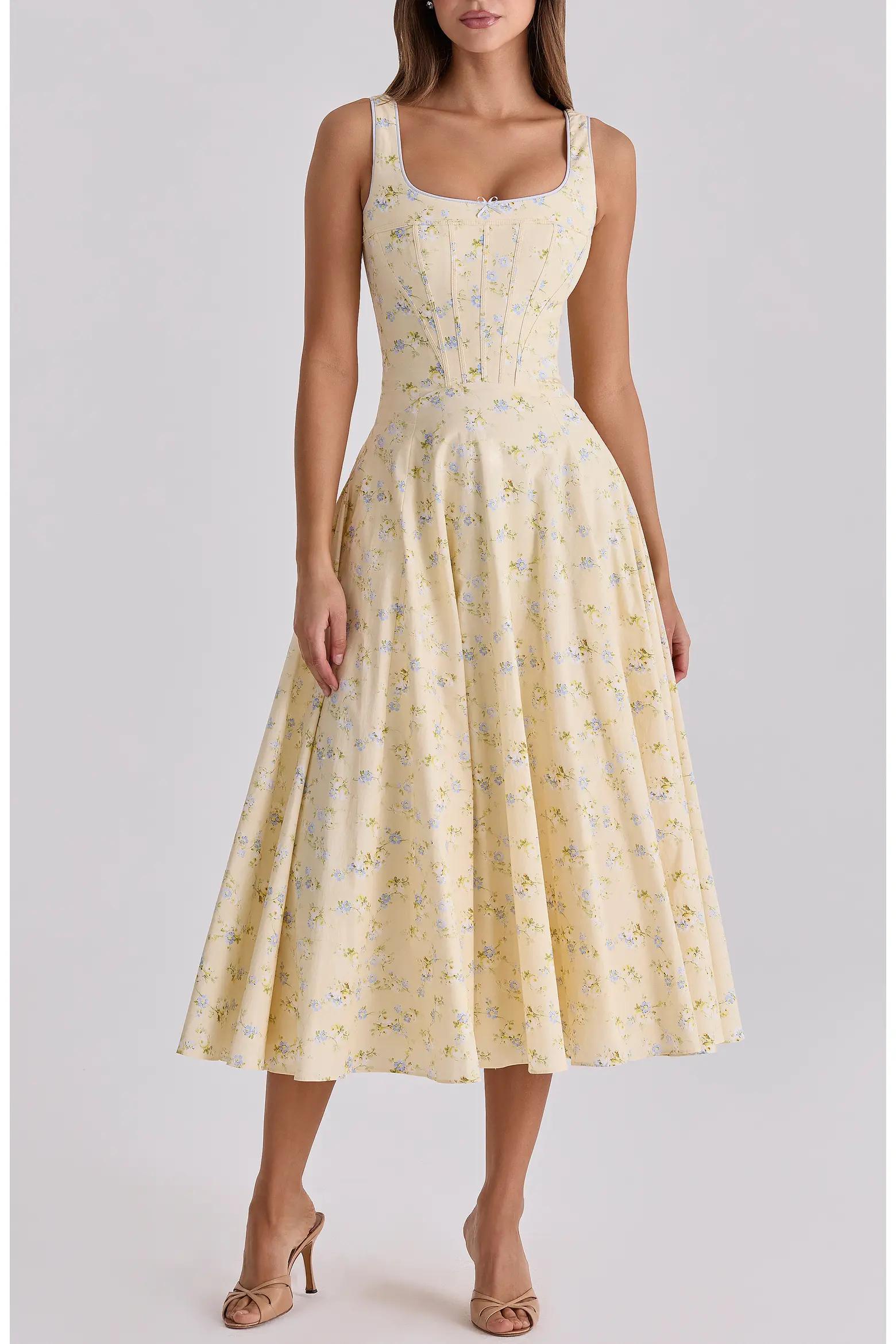 Pale Yellow Floral Midi Dress