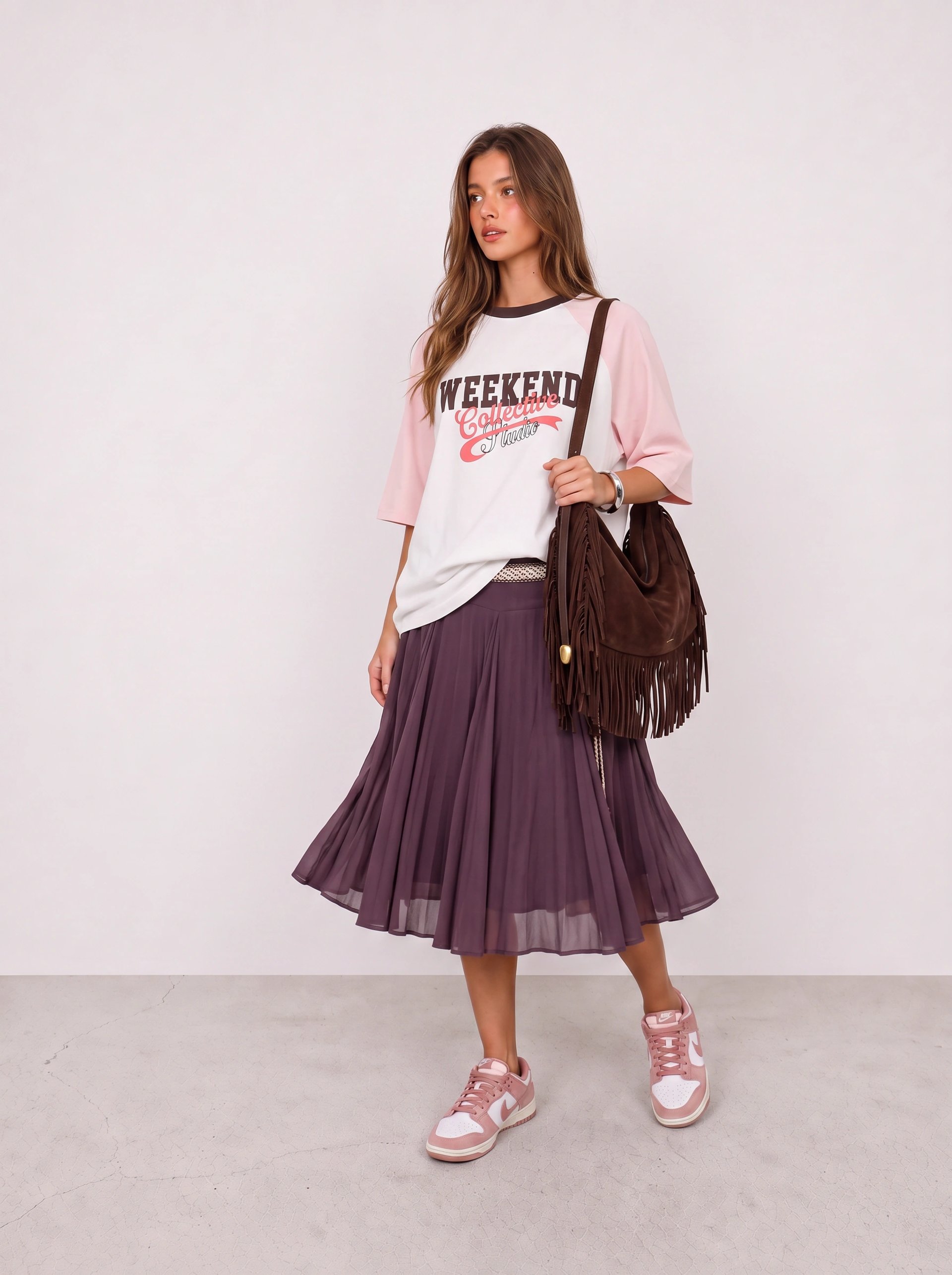 Raglan Tee and Pleated Midi Skirt Outfit