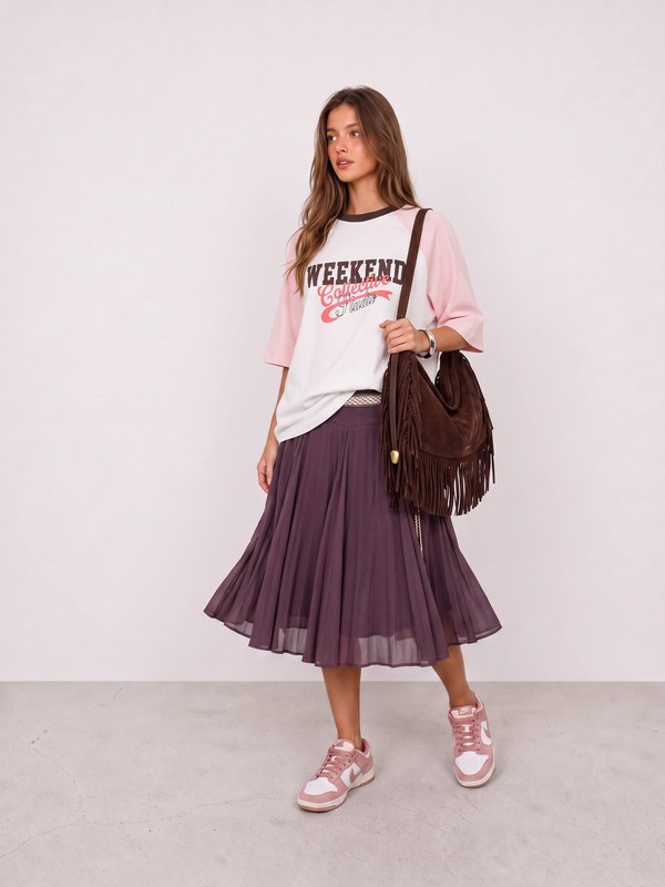 Raglan Tee and Pleated Midi Skirt Outfit