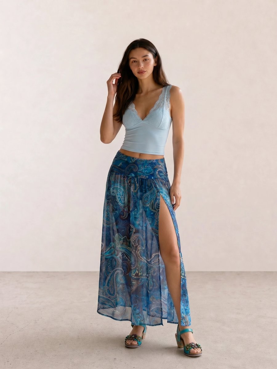 Boho outfit with a pale blue lace cami, blue paisley slit maxi skirt, and turquoise floral sandals