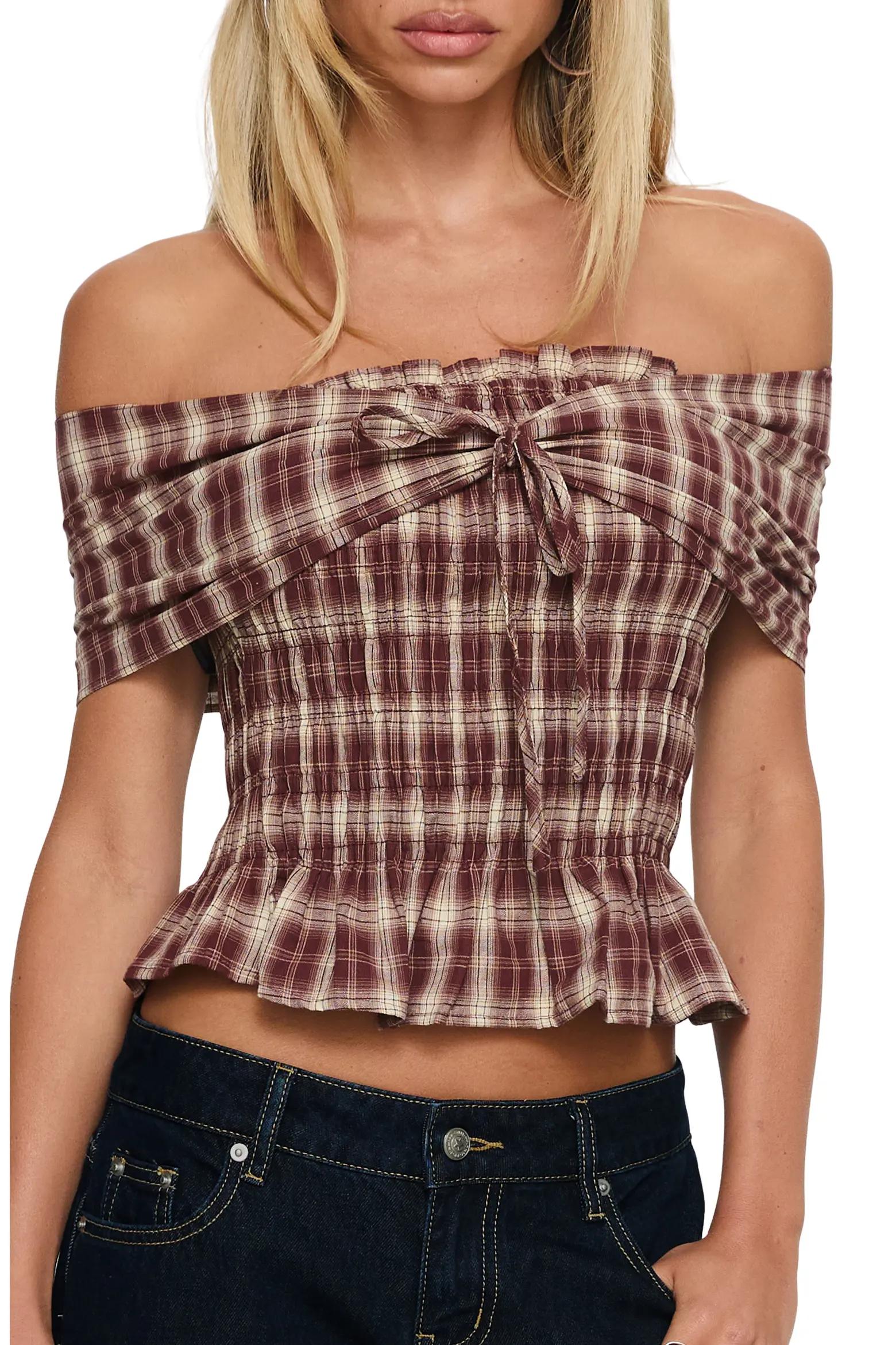 Brown Plaid Off-Shoulder Top