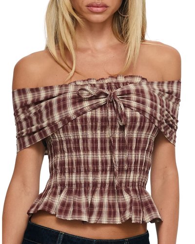 Brown Plaid Off-Shoulder Top