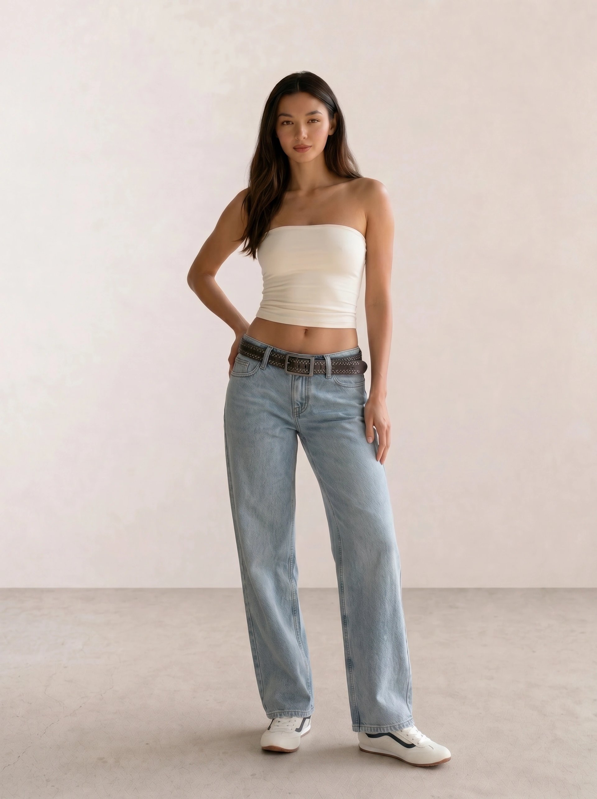 Cream Tube Top & Light Wash Wide-Leg Jeans