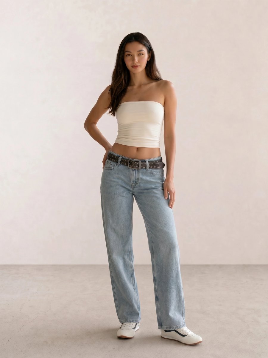 Basic casual outfit with a cream tube top, light wash wide-leg jeans, and white Vans runner sneakers