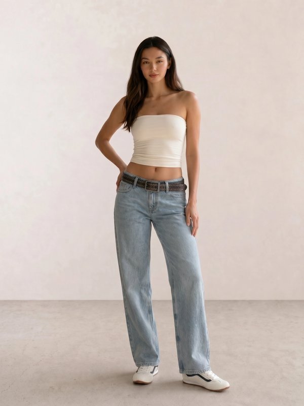 Cream Tube Top & Light Wash Wide-Leg Jeans