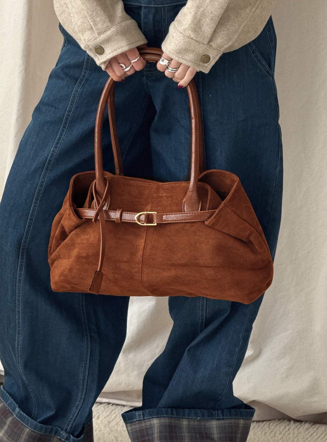 Brown Suede Belted Tote