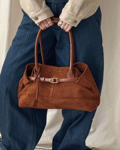Brown Suede Belted Tote