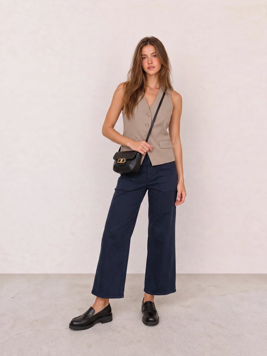Old money look with beige tailored waistcoat top & navy wide-leg jeans and black chunky loafers