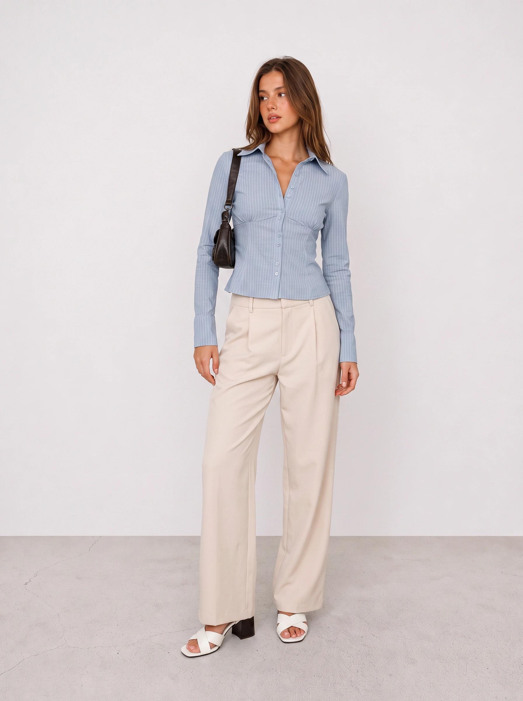 Blue Fitted Shirt and Cream Trousers Office Outfit