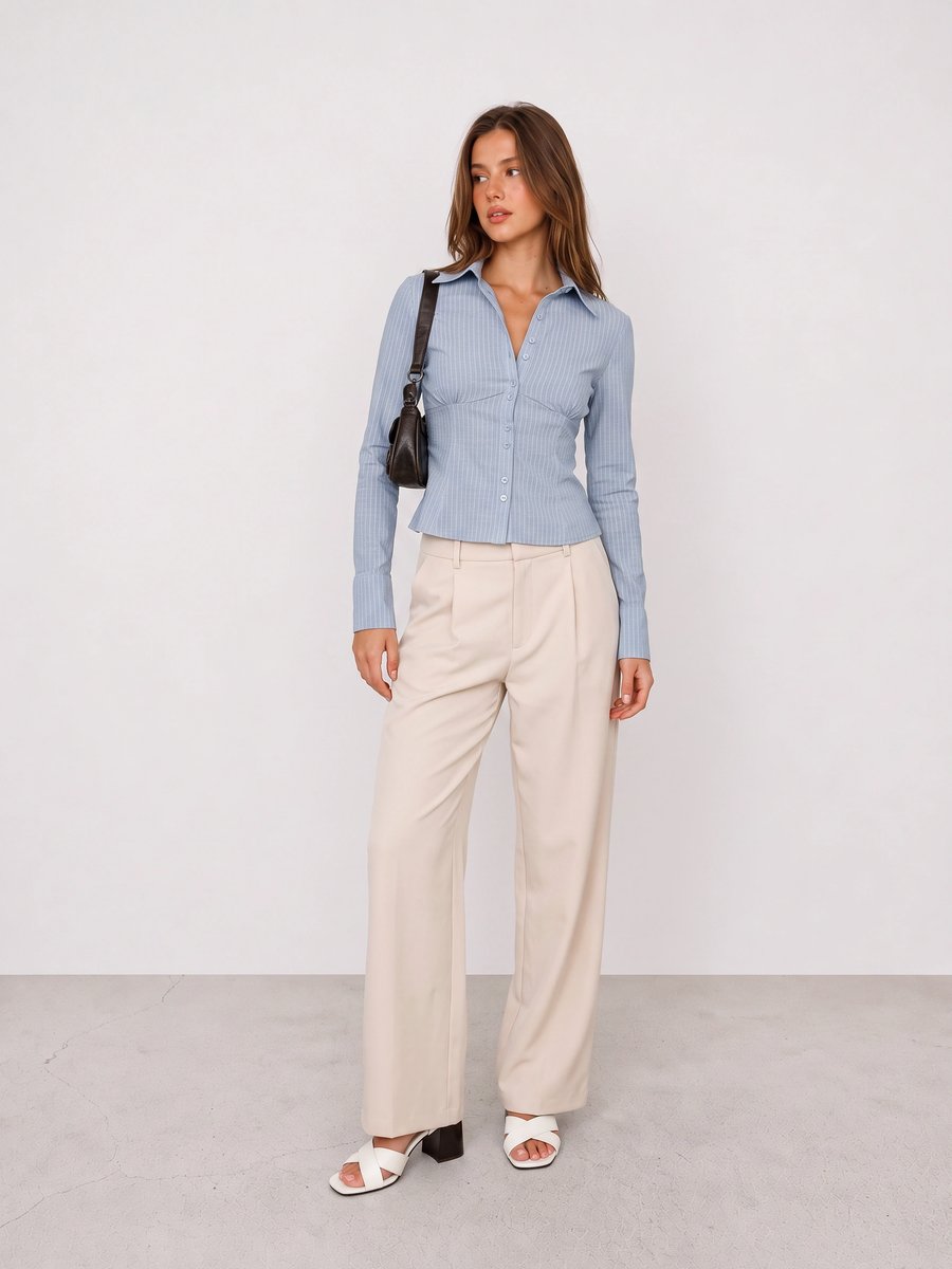 Woman wearing a light blue fitted shirt, cream trousers, white sandals, and a brown shoulder bag