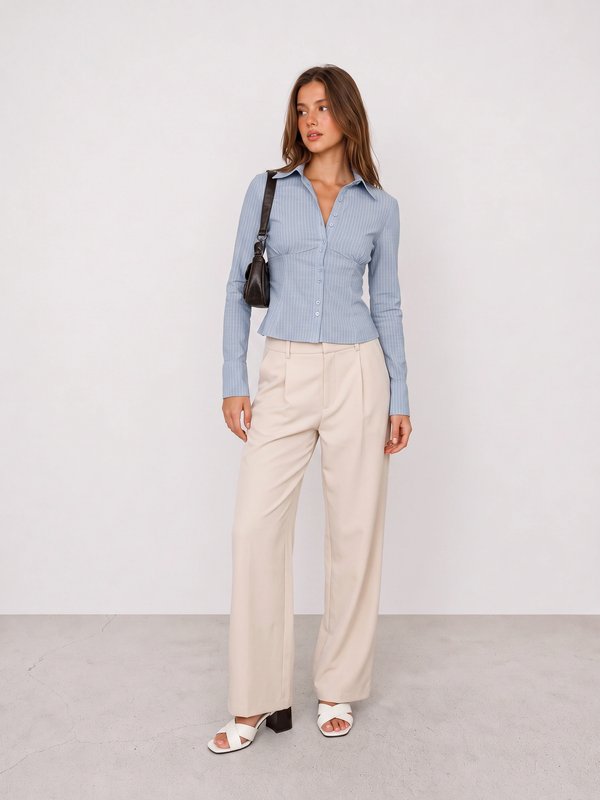 Blue Fitted Shirt and Cream Trousers Office Outfit
