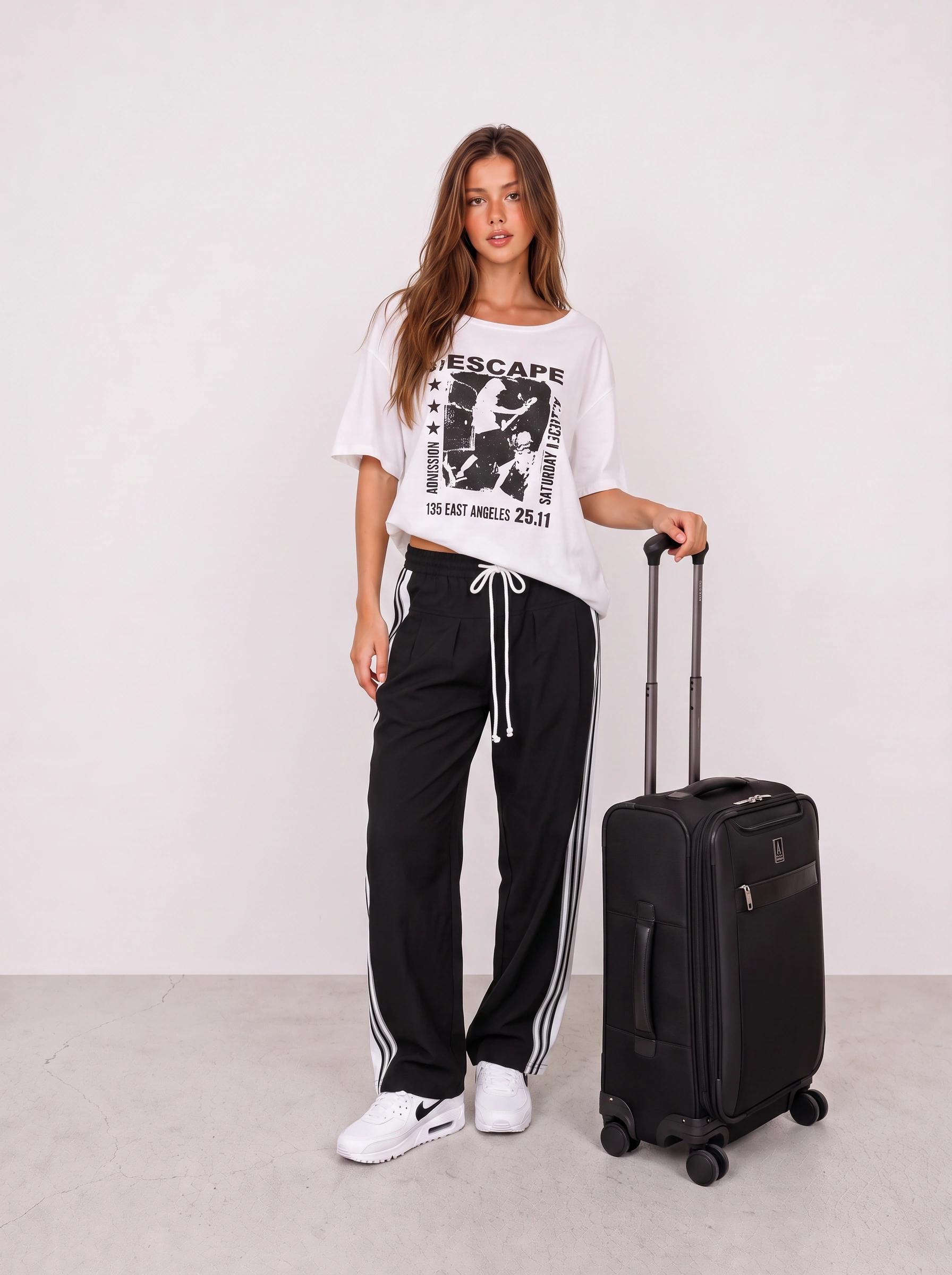 White Graphic Tee and Black Track Pants Airport Outfit