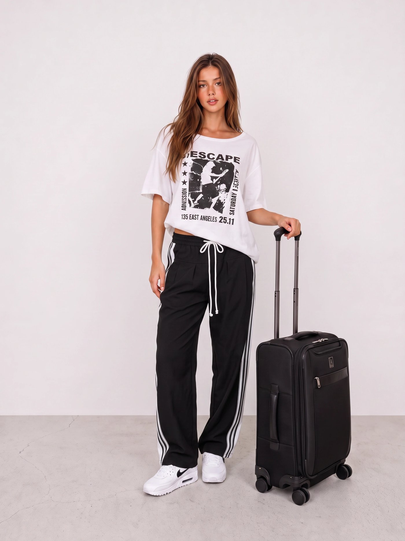 White Graphic Tee and Black Track Pants Airport Outfit