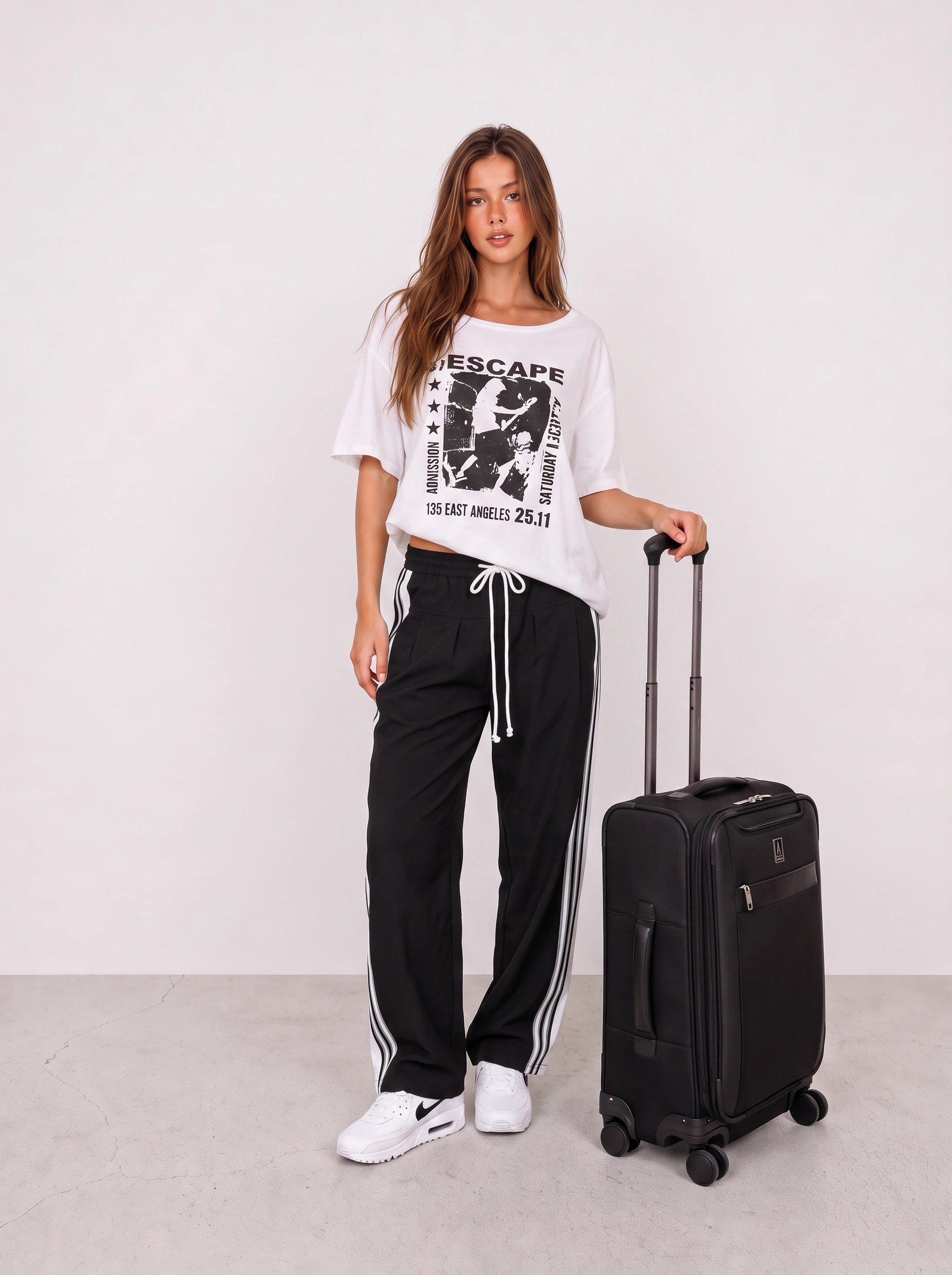 White Graphic Tee and Black Track Pants Airport Outfit