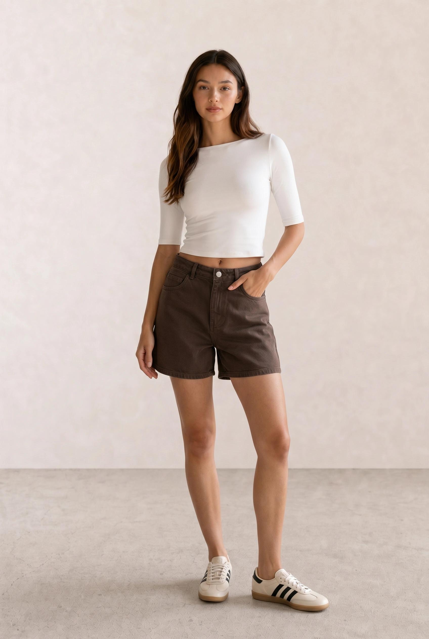 White Crop Top & Brown Denim Shorts