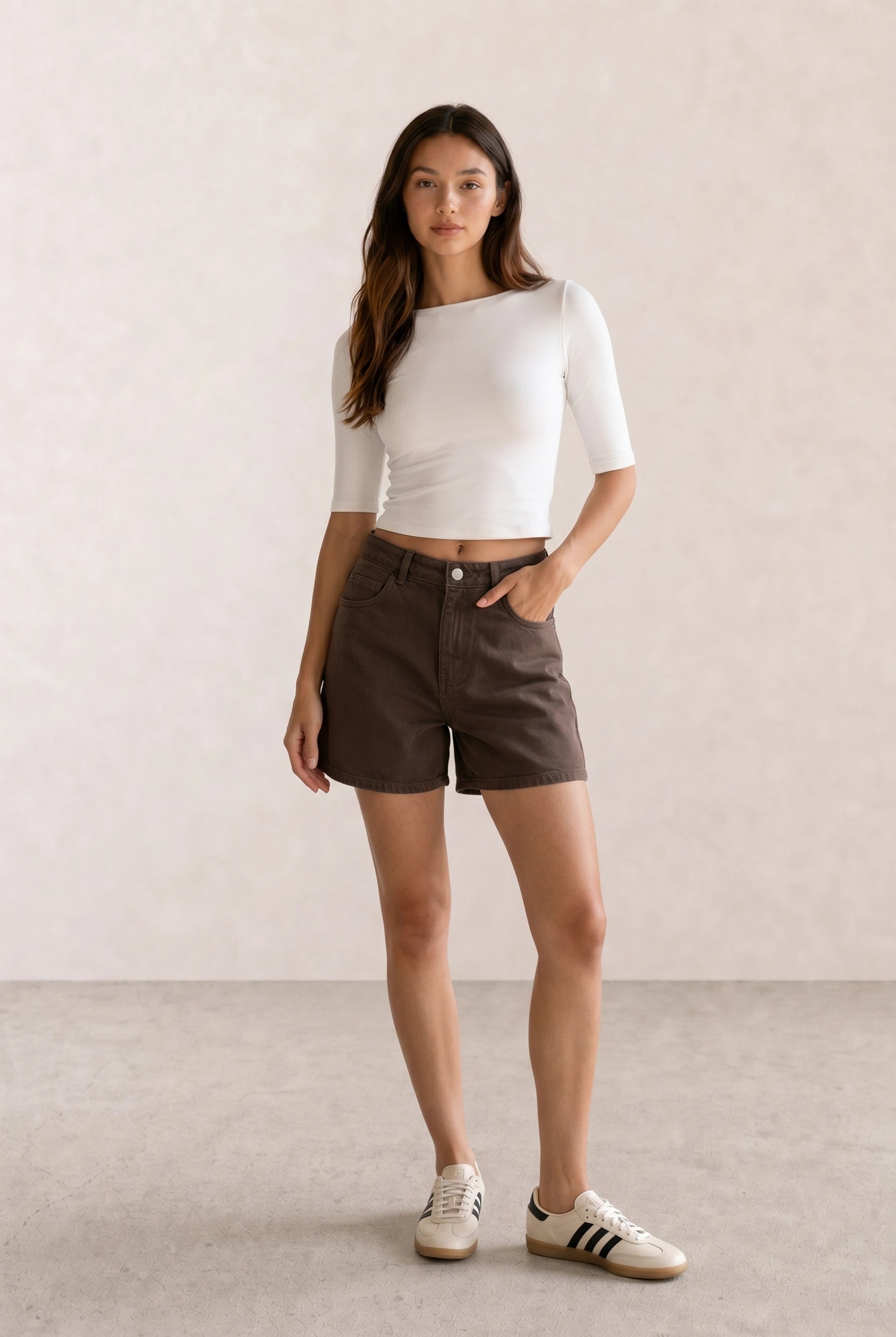 White Crop Top & Brown Denim Shorts