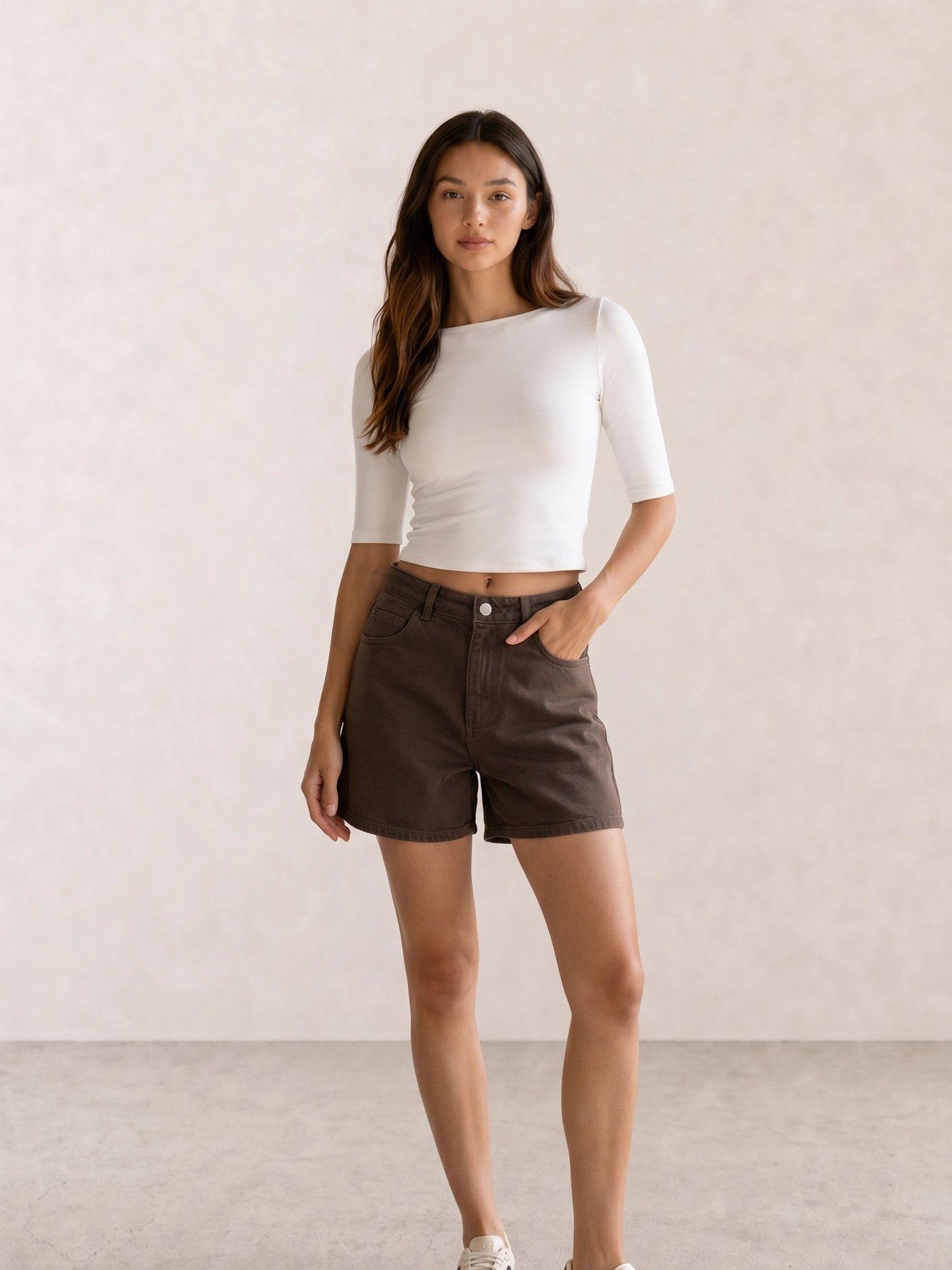 White Crop Top & Brown Denim Shorts
