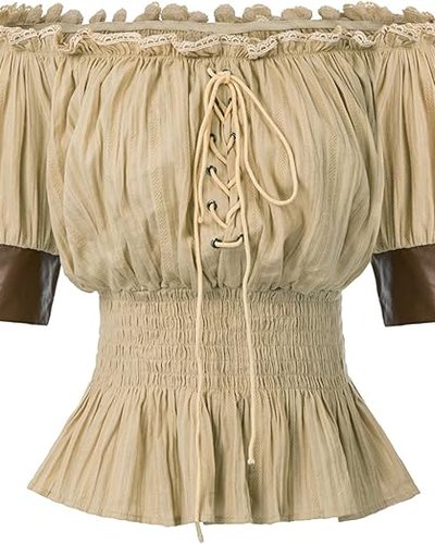 Beigefarbener Fransen-Off-Shoulder-Top