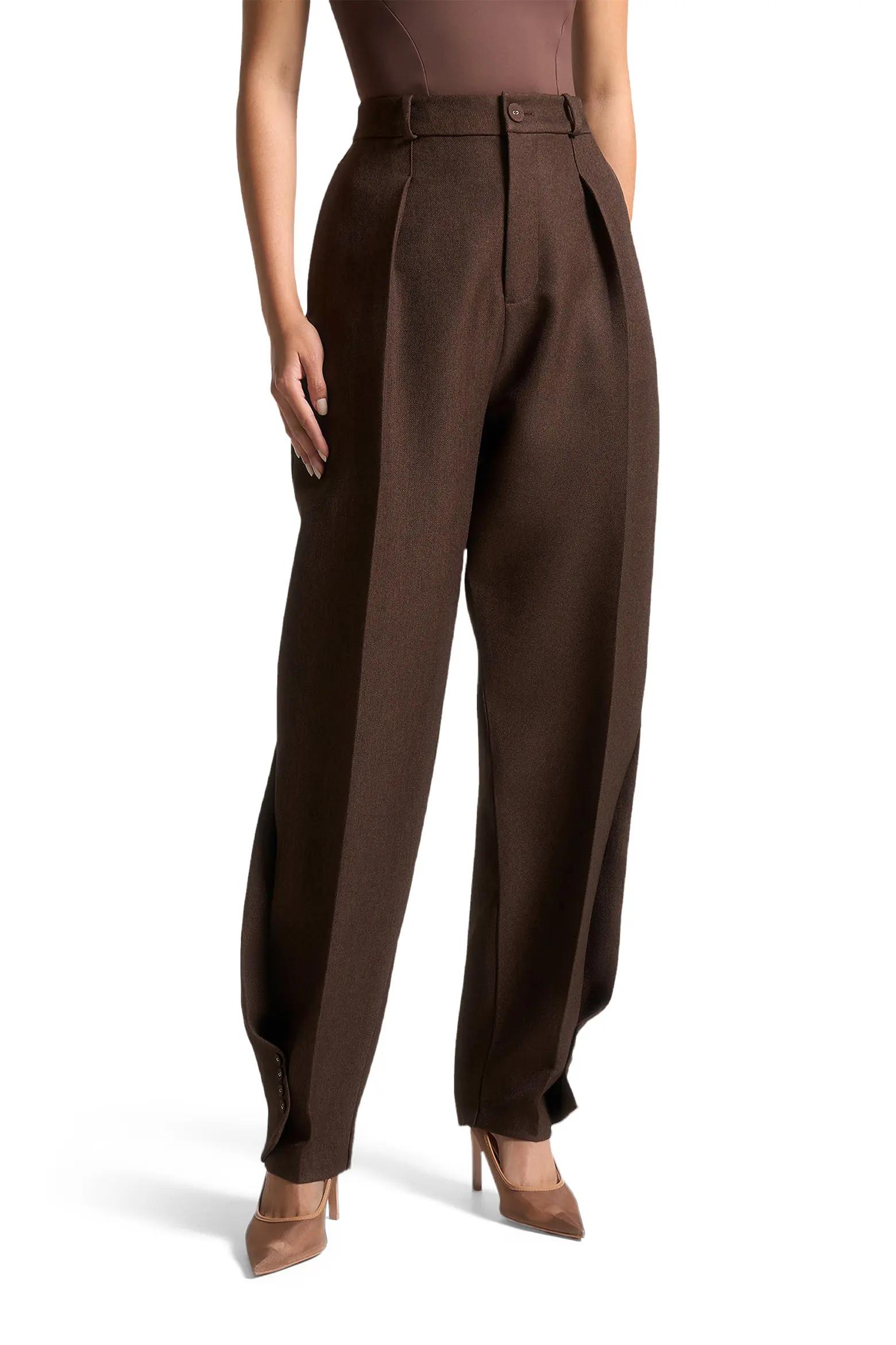 Brown Pleated Tapered Trousers