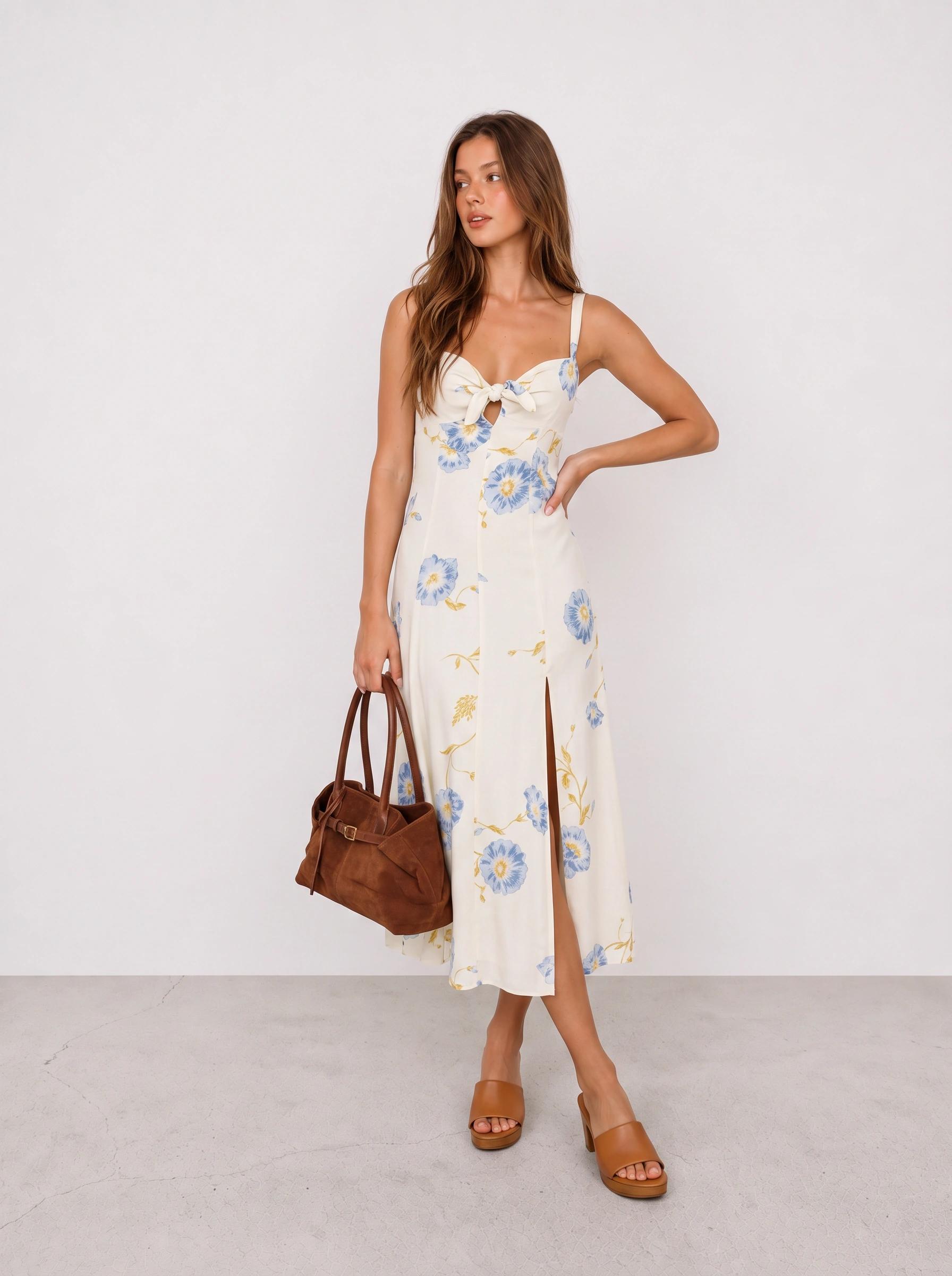 Yellow Floral Midi Dress and Tan Sandals Outfit