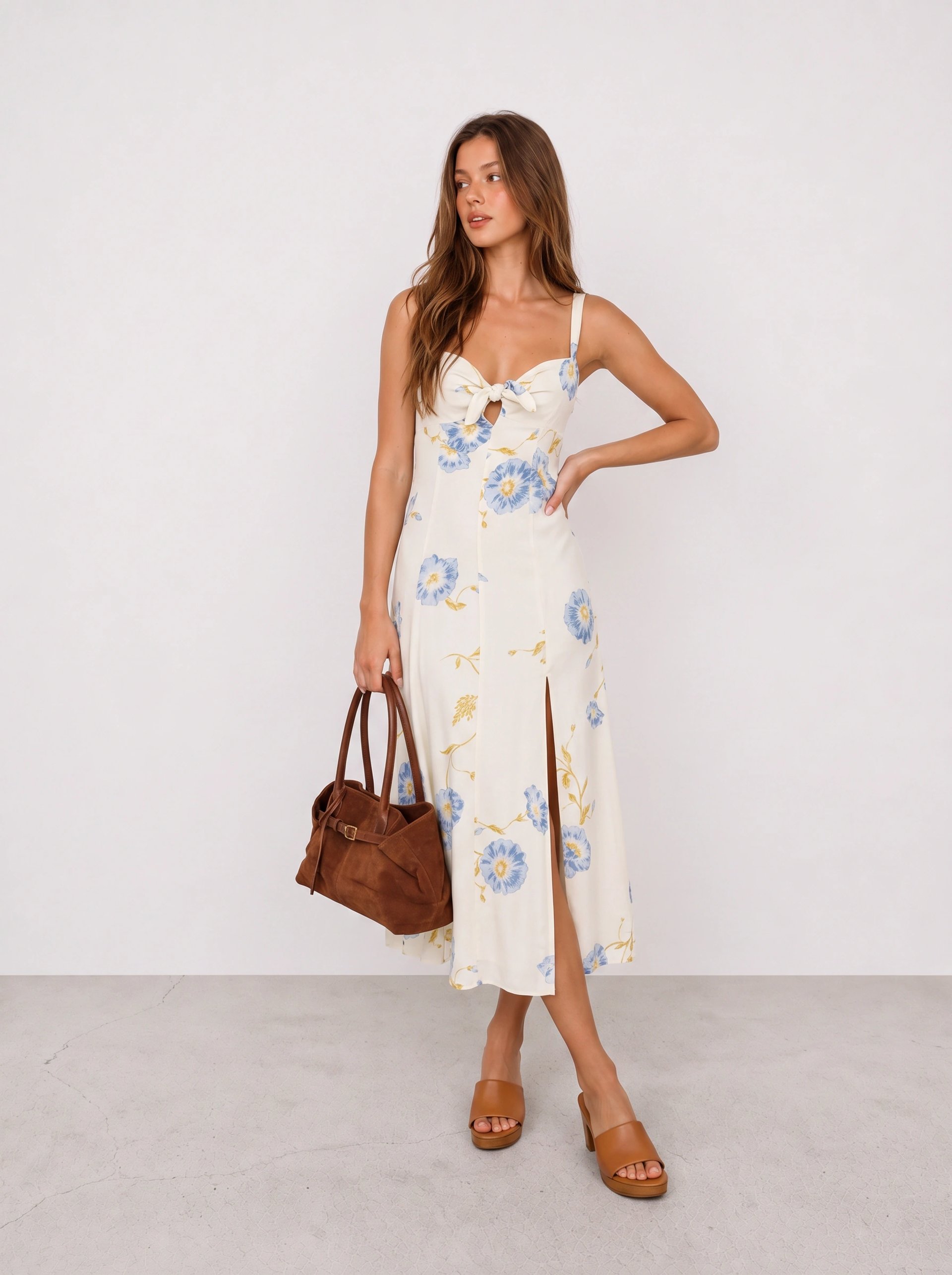 Yellow Floral Midi Dress and Tan Sandals Outfit