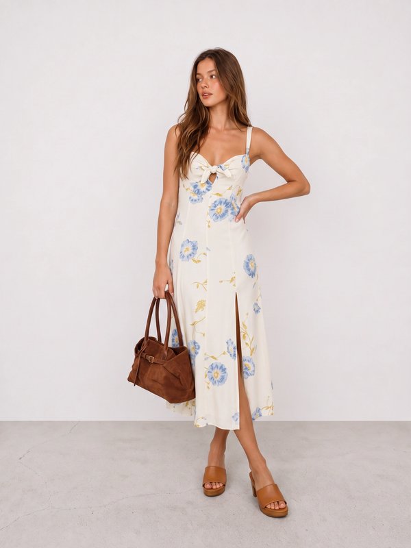 Yellow Floral Midi Dress and Tan Sandals Outfit