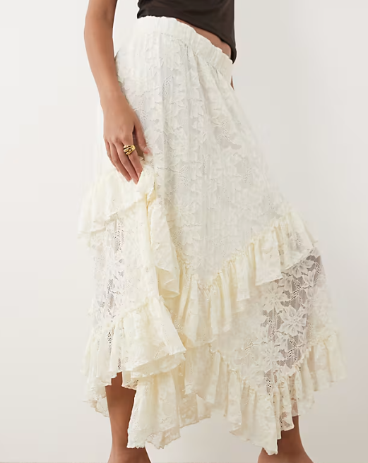 White Lace Ruffle Midi Skirt