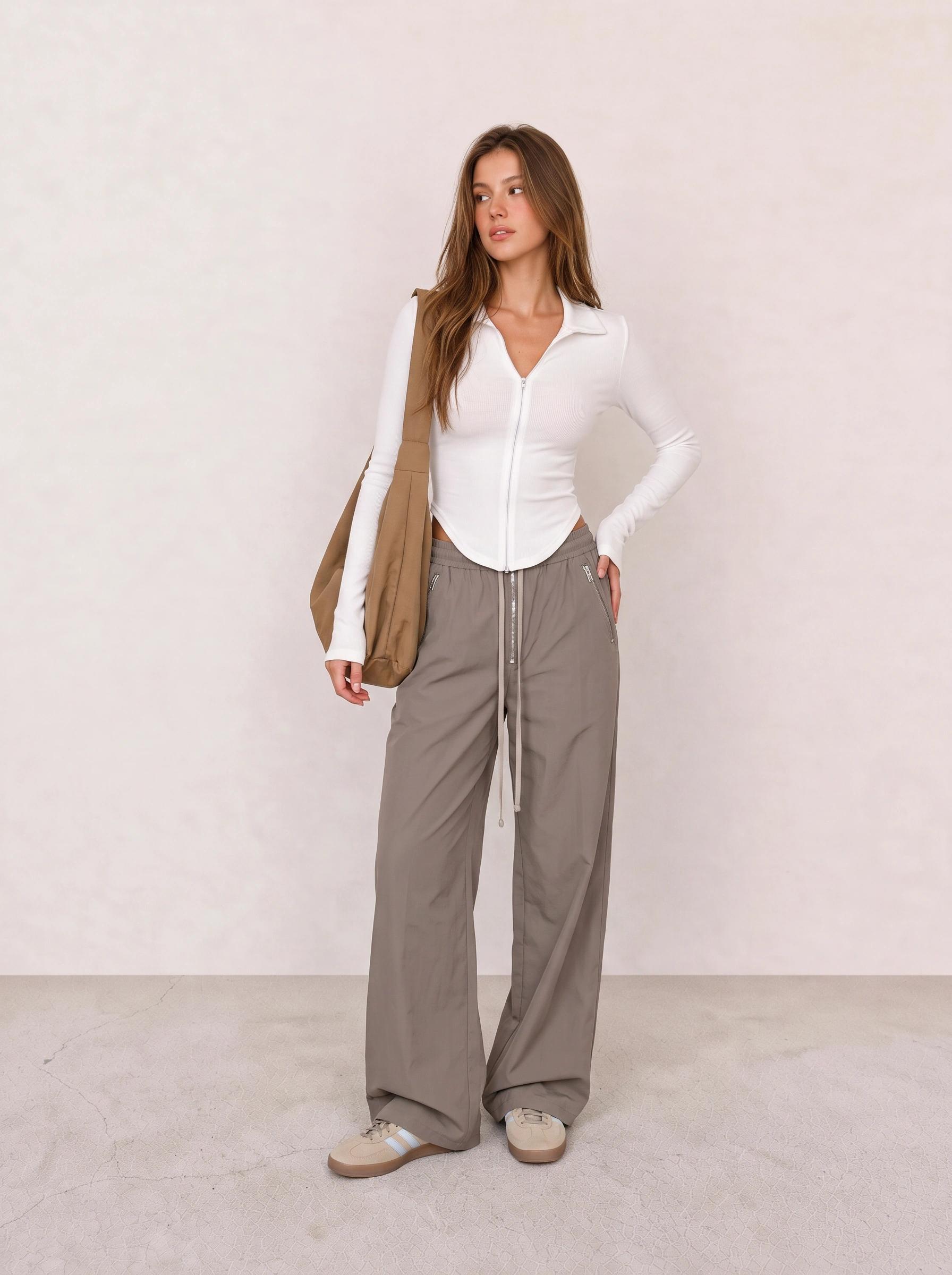 White Zip Top and Taupe Track Pants Athleisure Outfit