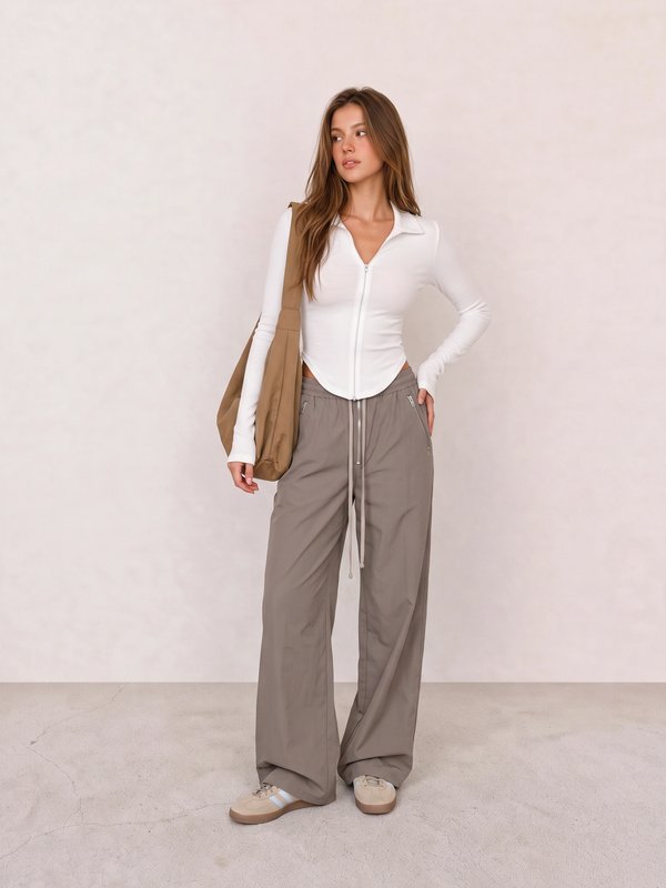 White Zip Top and Taupe Track Pants Athleisure Outfit