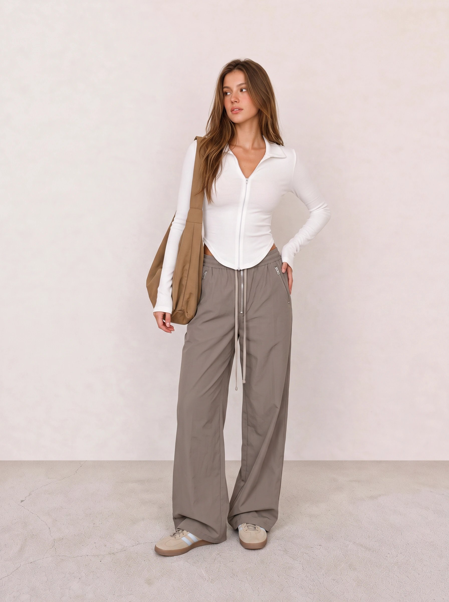 White Zip Top and Taupe Track Pants Athleisure Outfit