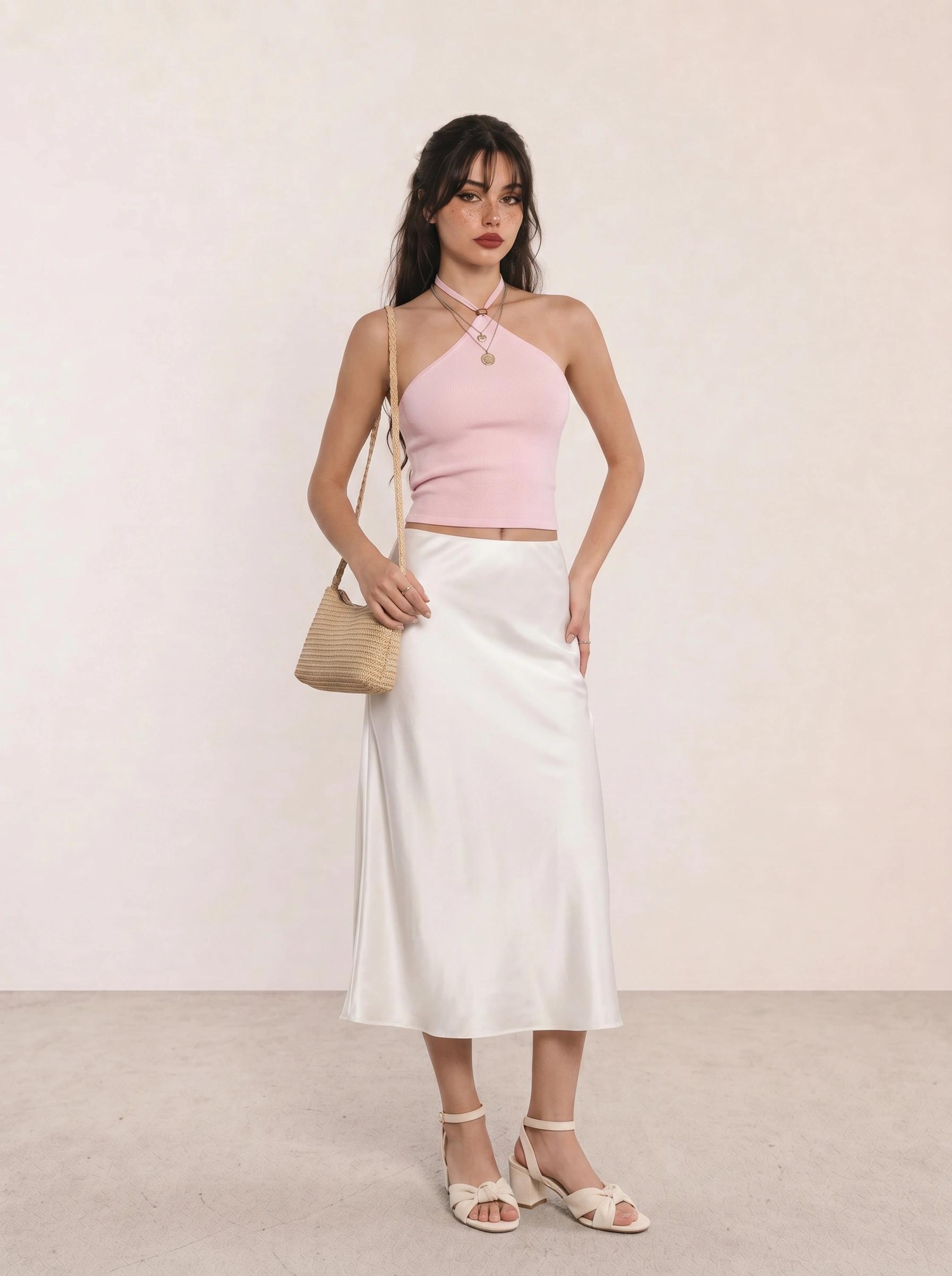 Pink Halter Top & White Satin Midi Skirt