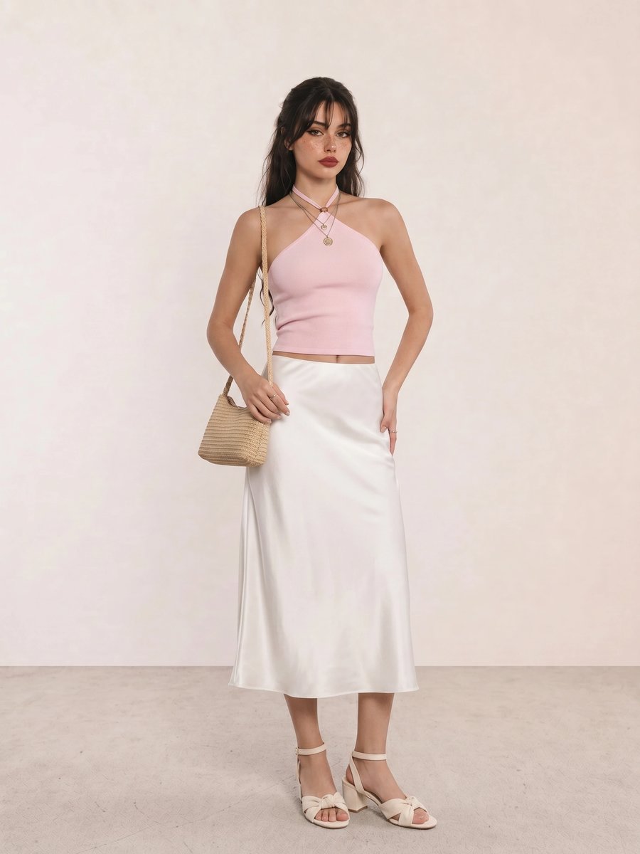 Clean girl outfit with a pink halter top, white satin midi skirt, and knotted block-heel sandals