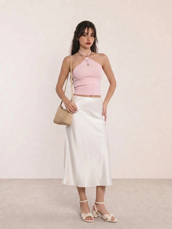 Pink Halter Top & White Satin Midi Skirt