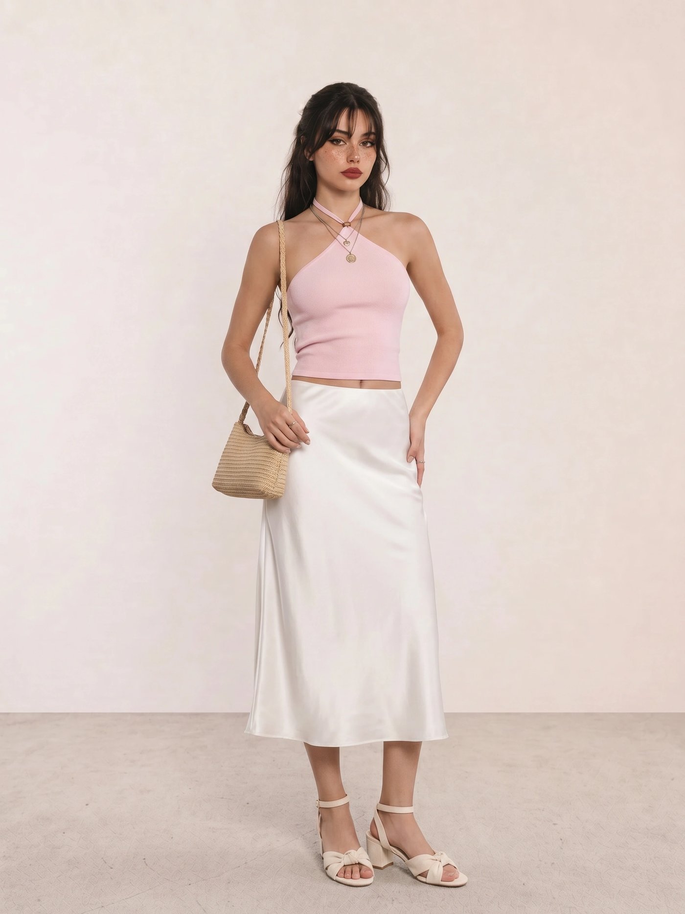 Pink Halter Top & White Satin Midi Skirt