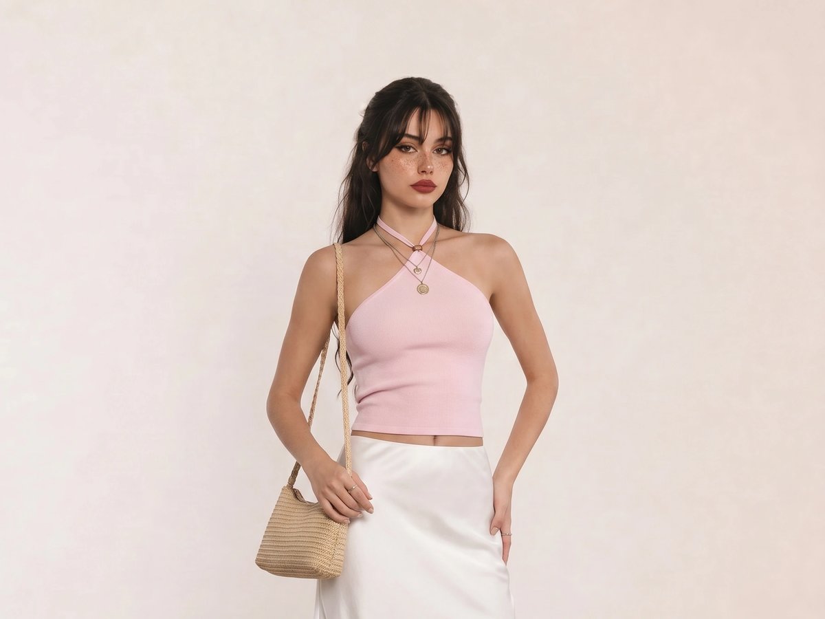 Pink Halter Top & White Satin Midi Skirt