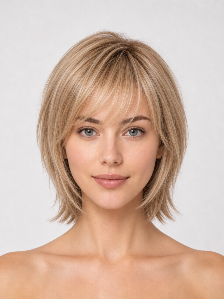 Woman with a shoulder-length layered blonde bob and curtain bangs, front view