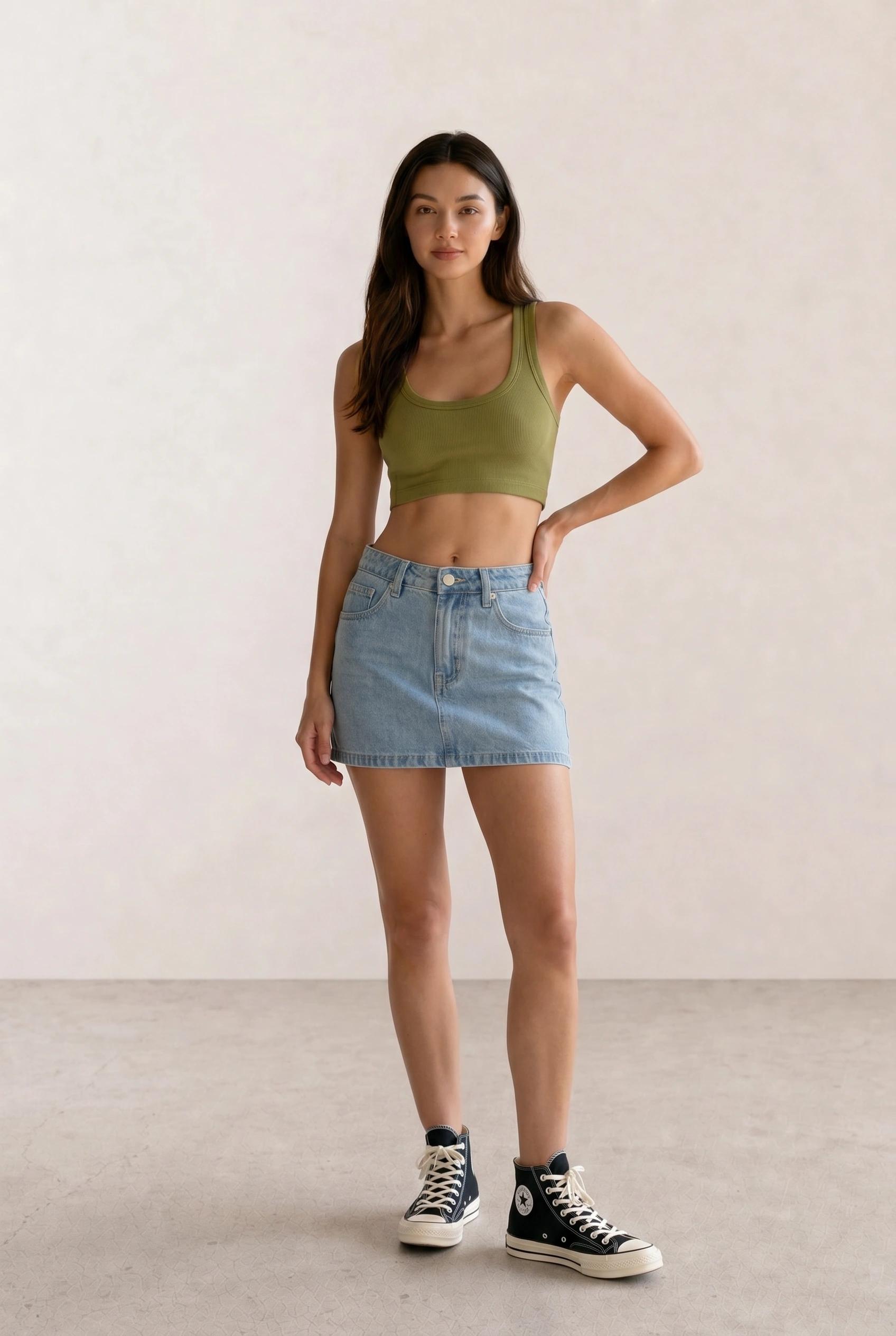 Olive Crop Tank & Denim Mini Skirt