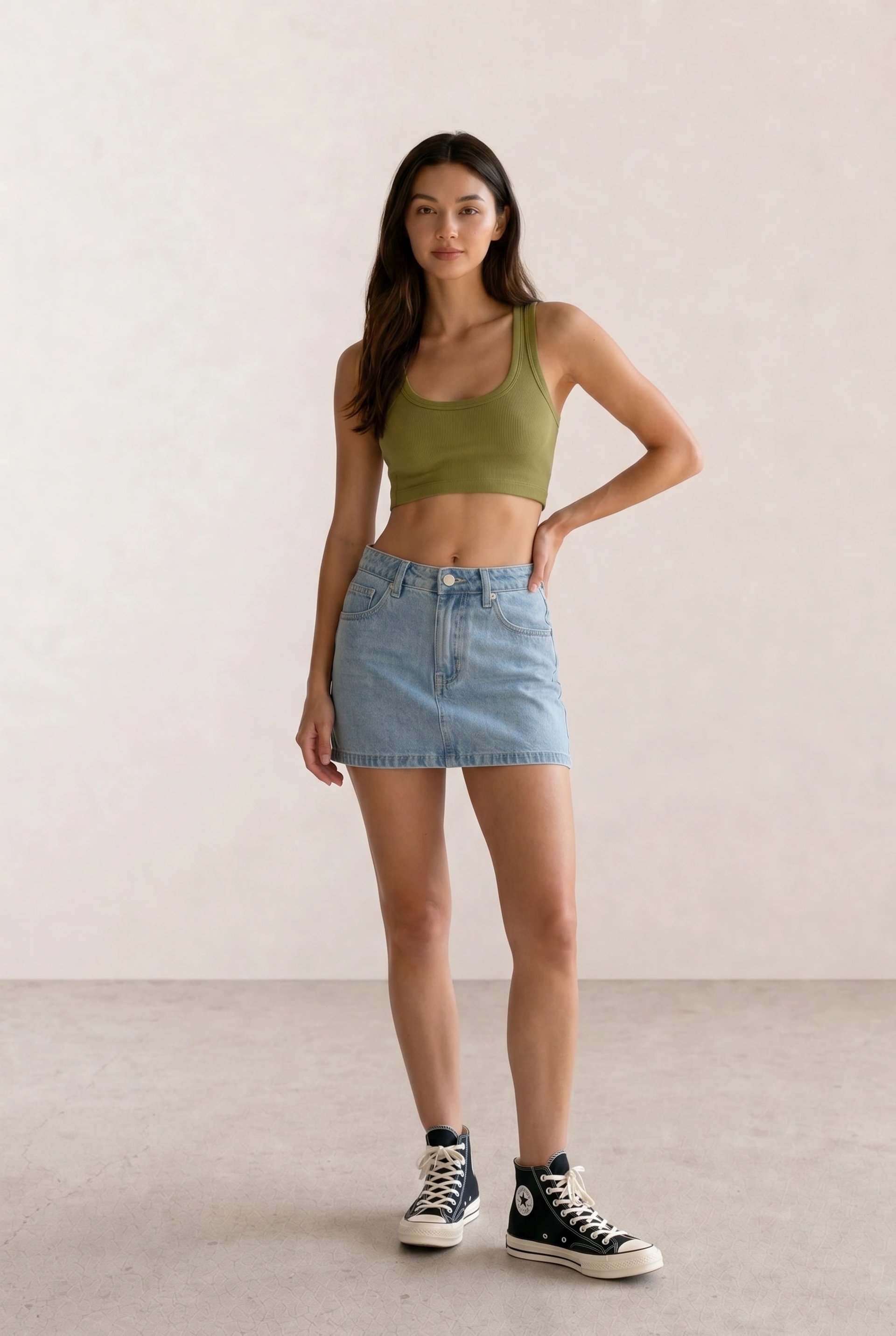Olive Crop Tank & Denim Mini Skirt